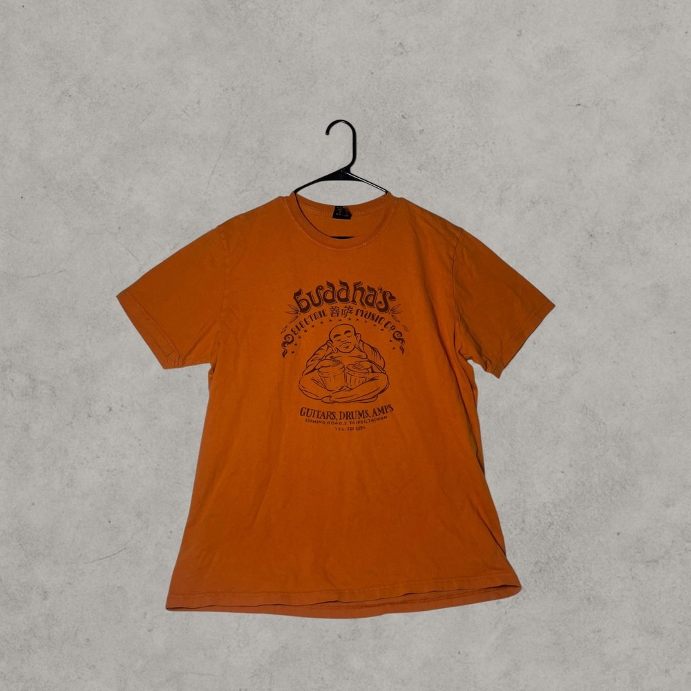 Lucky Brand Mens Orange Buddhas Electric Music Co Graphic T-Shirt Large USA Made